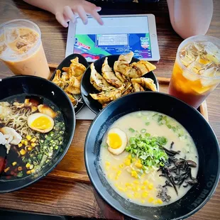 Fried Chicken Gyoza  Honey Cheese Puffs(4)  Miso Ramen- Vegan broth  Shoyu Strong Garlic Chicken Ramen  Thai Milk Tea with Lychee Jelly