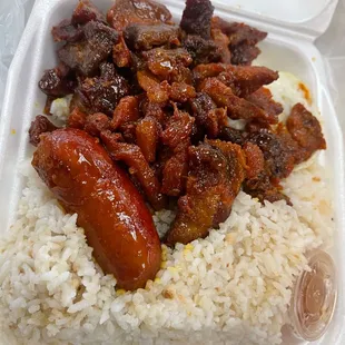 Tocino, Longanisa, garlic rice, and eggs