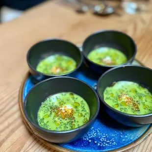 Chilled pea soup, horseradish creme fraiche, smoked trout roe