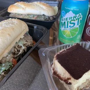 Italian Cheesesteak and the chicken Sweet Sicilian plus tiramisu.
