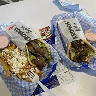 Traditional gyro and steak shawarma with Greek style frys and garlic sauce. Great prices and stuffed pita wraps.