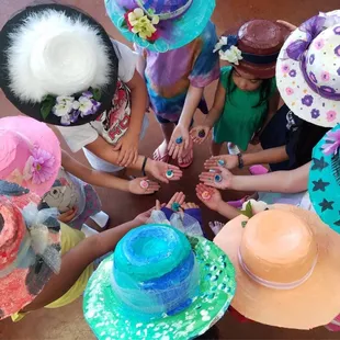 Tea Party Summer ART Camp! Pretty papier maché tea party hats and clay tea cup and saucer beads for dress up necklaces!