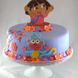 Hola! Dora and Boots (eggless vanilla cake with strawberry mousse filling, covered in fondant)
