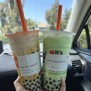 Tiger Sugar Milk with boba &amp; Honeydew Milk Tea with boba