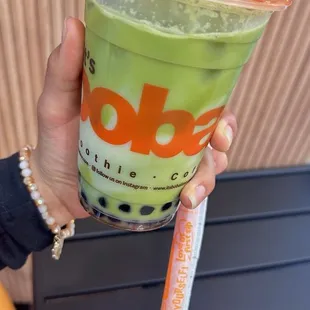 Iced Matcha with boba, oat milk, and 75% sweetness, was perfect!