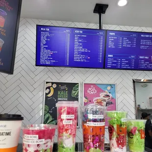 Menu as of 5/22/24. Their different cup sizes and menu in the back.