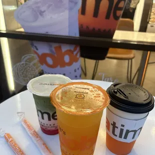 Strawberry Matcha with popping strawberry boba/ passion fruit ice tea with mango popping boba &amp; taro milk tea latte