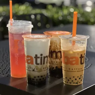 Galaxy Iced Tea, Frosty Milk with Boba &amp; Pudding, Frosty Milk with Coffee Jelly &amp; Pudding, Thai tea with boba