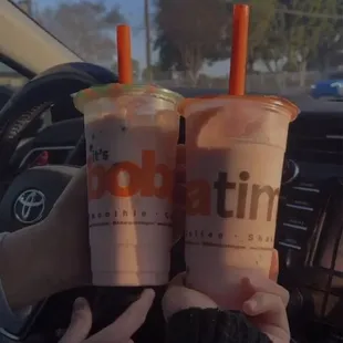 House Milk Tea $5.50 &amp; Coconut Strawberry Smoothie $7. Perfect Large Size.