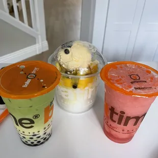 Jasmine matcha with boba Watermelon slushie Mango shaved ice