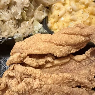 Catfish, cabbage and Mac and Cheese