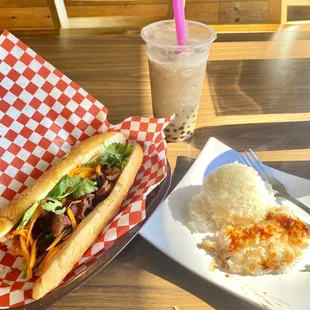 Pork bahn mi , side rice, bubble tea came to nearly $19, pretty good.