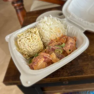 Bowl with Spicey Ahi, Rice and Mac Salad