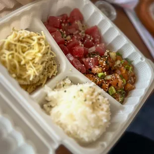 Two Item Poke Plate with Furikake Ahi, Shoyu Ahi, Rice and Mac Salad