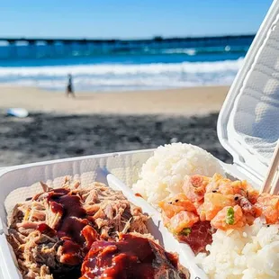 Kalua Pig, salmon poke, rice