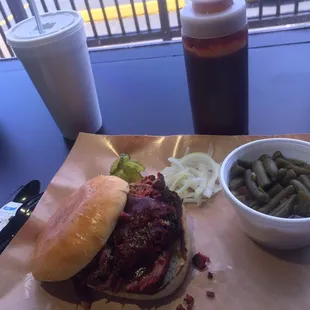 Sliced BBQ Beef sandwich, green beans.  Excellent!