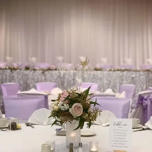Hale Koa silver and lavender wedding. Silver sequin head table, white chair cover &amp; lavender sashes