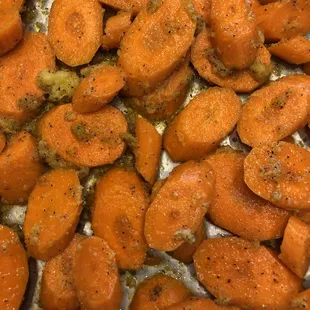 Roasted carrots with ginger and brown sugar.