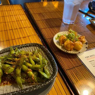 Spicy edamame, shrimp shumai