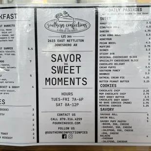 Breakfast and pastry menu