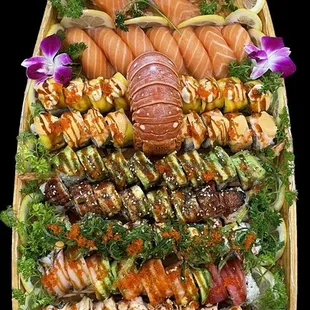 a large platter of sushi