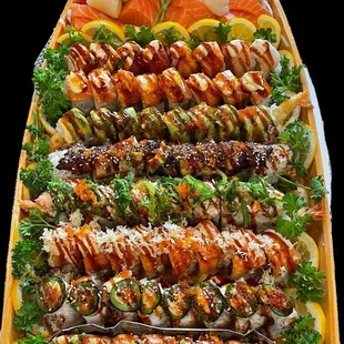 a long platter of sushi