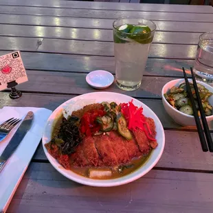 Katsu curry with spicy kyuri pickles