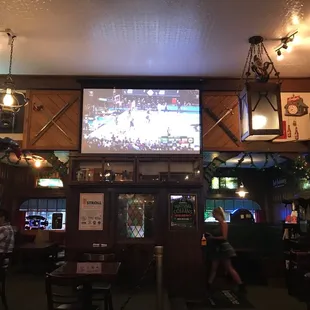 a large screen in the bar