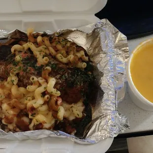 Cheddar stuffed meatloaf with Mac &amp; cheese, mashed potatoes, and sausage &amp; cheese soup!