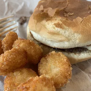 Pizza burger and tots