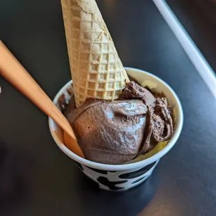 a chocolate ice cream in a bowl