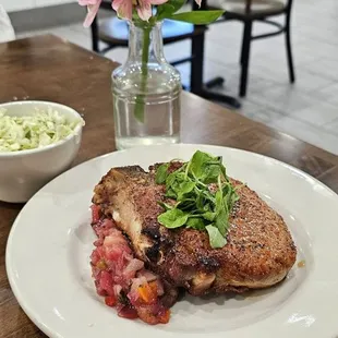 $26 Bone in Pork Chop House Cut Heritage Breed Pork Chop with Pear Relish, with CHOICE OF SIDE