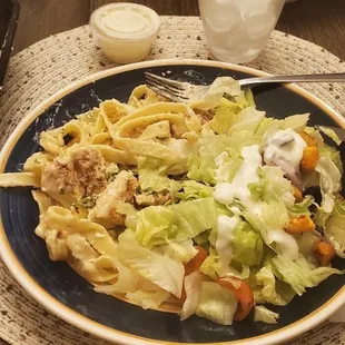 Pasta Alfredo and salad