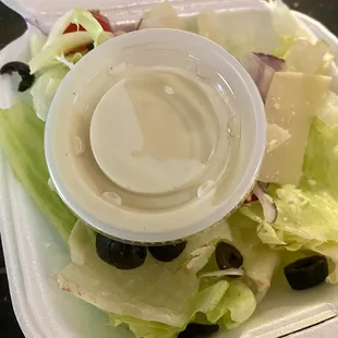 Lunch small side salad. Salad was fine but the blue cheese dressing was old and off.