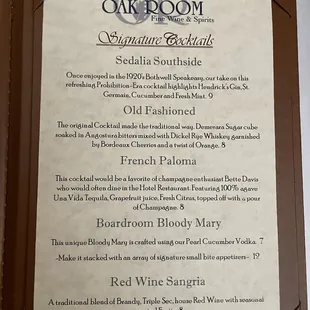 the oak room signature cocktail menu