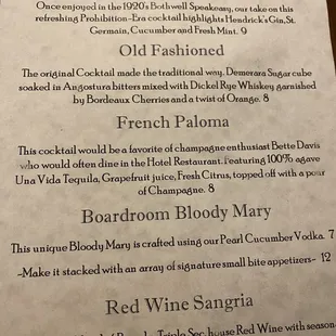 Signature cocktail menu
