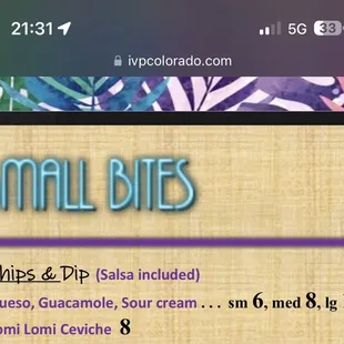 Web page capture of menu.