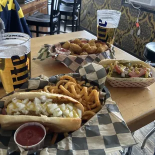 Chili Coney Dog and Chicago Dog and some cheese curds