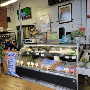 a display case of food