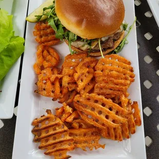 Burger and sweet potato fries