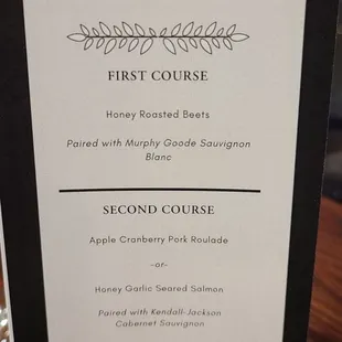 Menu for Fall Wine and Food Pairing Dinner November 19, 2020 in the Penthouse.
