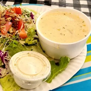 Clam chowder and salad