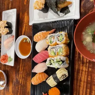 Sushi Combo, Chopped Scallop, Eel Hand Roll + complimentary miso soup