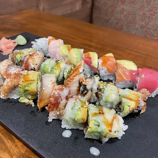 2 Dragon Rolls on the left, 1 Rainbow Roll on the right