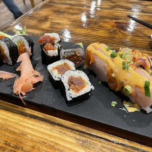 From left to right - Salmon roll, Spicy Tuna roll, Nemo roll