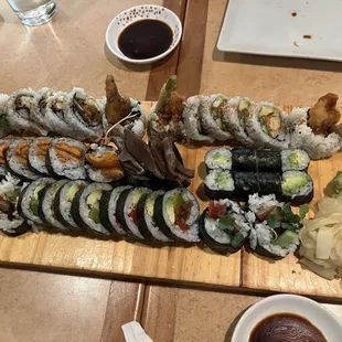 Vegetable rolls, spider rolls, sweet potato rolls, cucumber avocado rolls, lobster tempura rolls