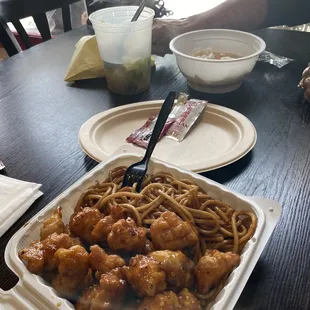 Orange chicken, wonton soup