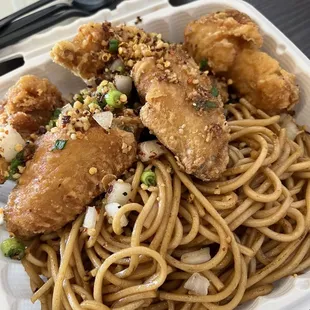 Salted Pepper Chicken Wings and Noodles