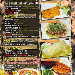Tacos, quesadillas, sopes, burritos