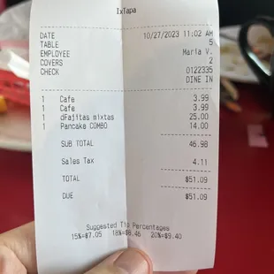 Receipt for two adults and one child